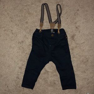 Baby navy blue pants with brown suspenders